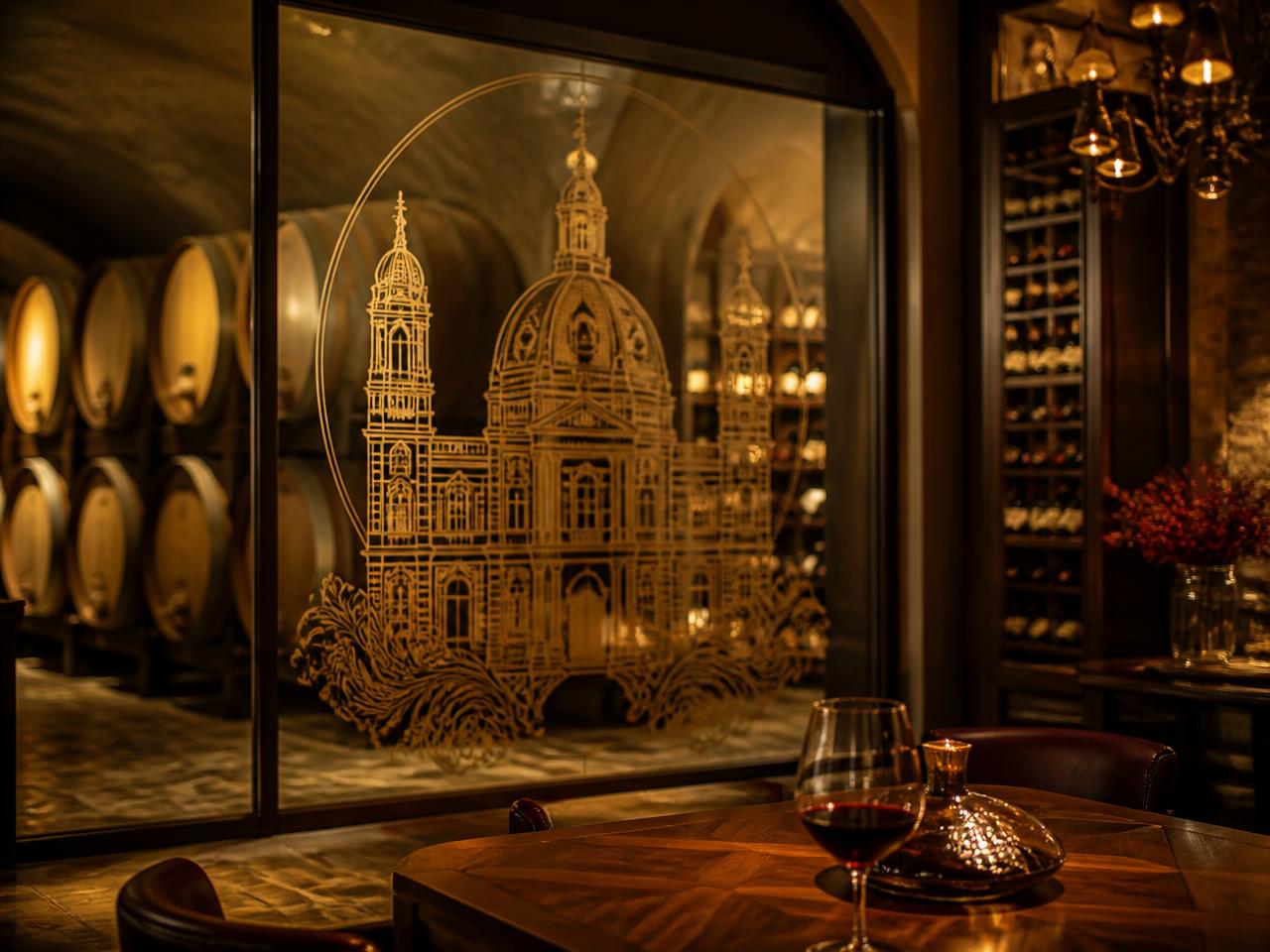 Vitrine da loja do Vinho dos Romeiros em Aparecida, com o logotipo dourado gravado no vidro